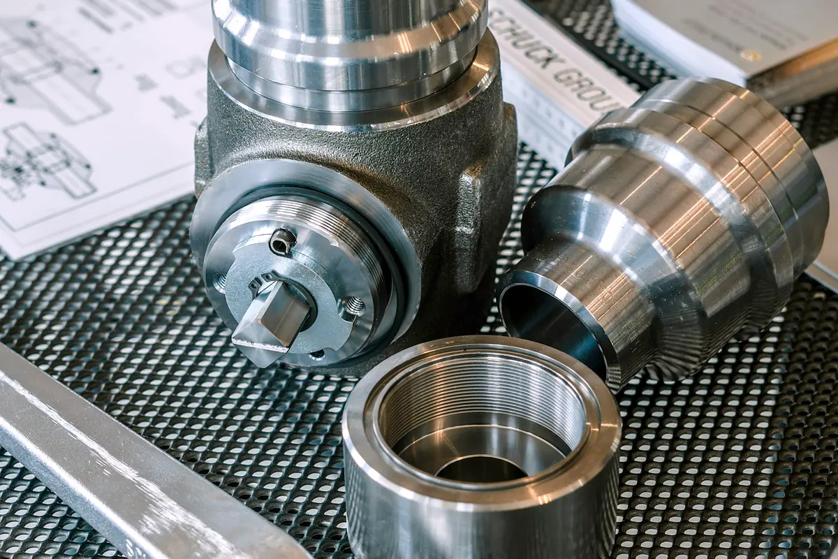 Turned steel chuck components and a threaded ring beside engineering drawings